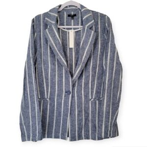Anthropologie Drew Linen Blend‎ Denim Stripe One Button Blazer Jacket L